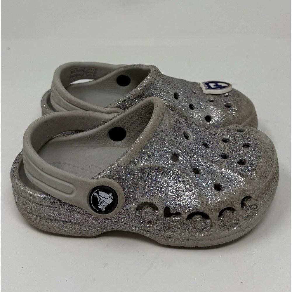Crocs Clog Sandals Shoes Kids Size C8 Silver Glitter Slip On Comfort Sparkly